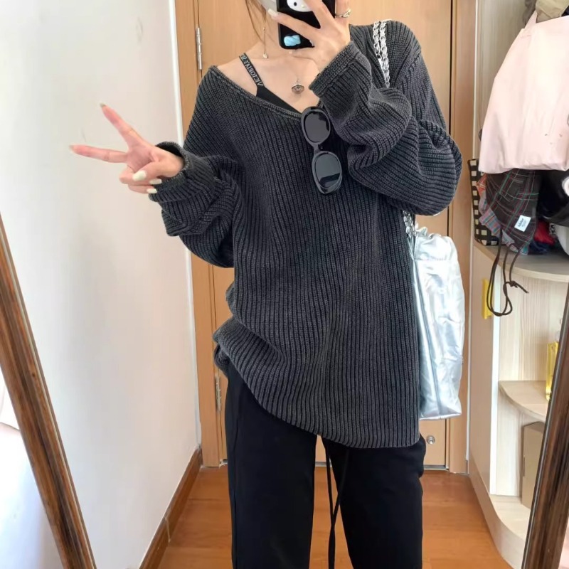 V-neck Washed Solid Color Casu - Street Fashion Winter 2025 review and price