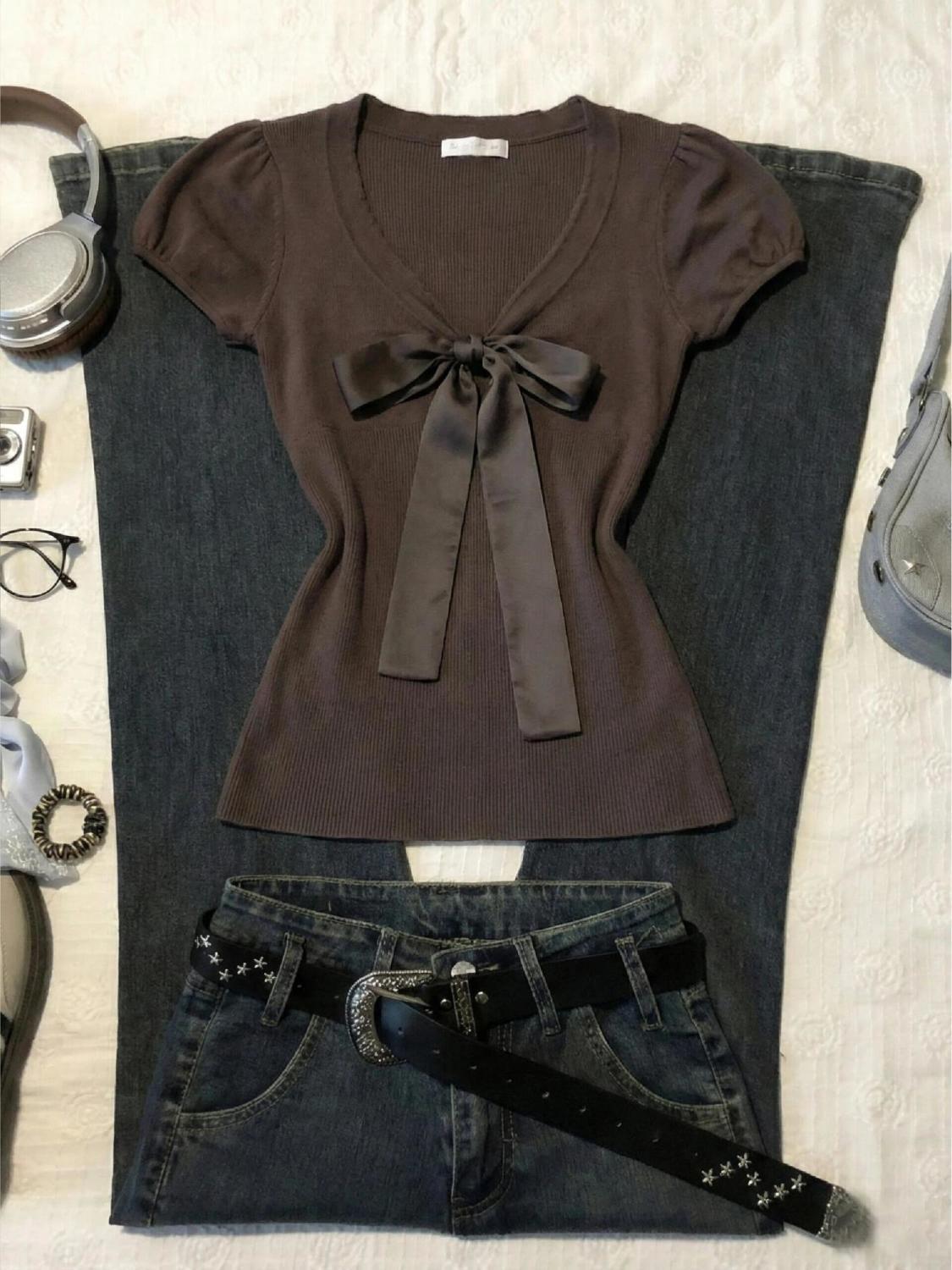 Vintage T-shirt Bow Y2k Slim S - Street Fashion Goth review and price