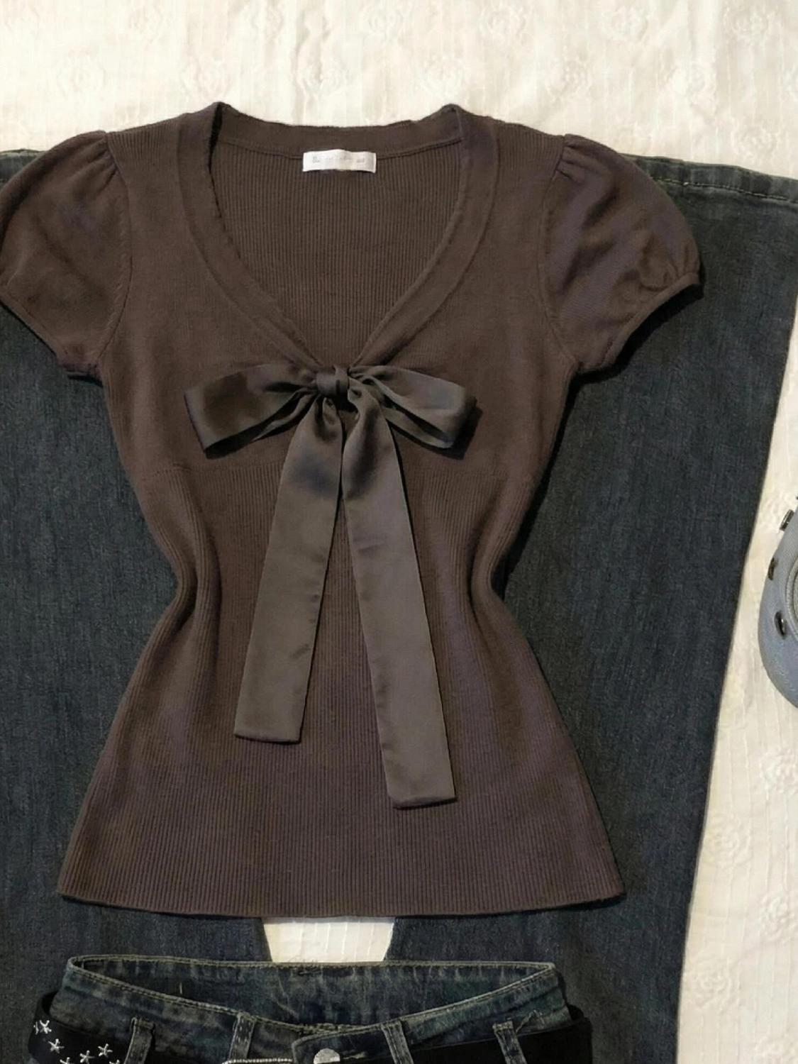 Vintage T-shirt Bow Y2k Slim S - Street Fashion Goth review and price